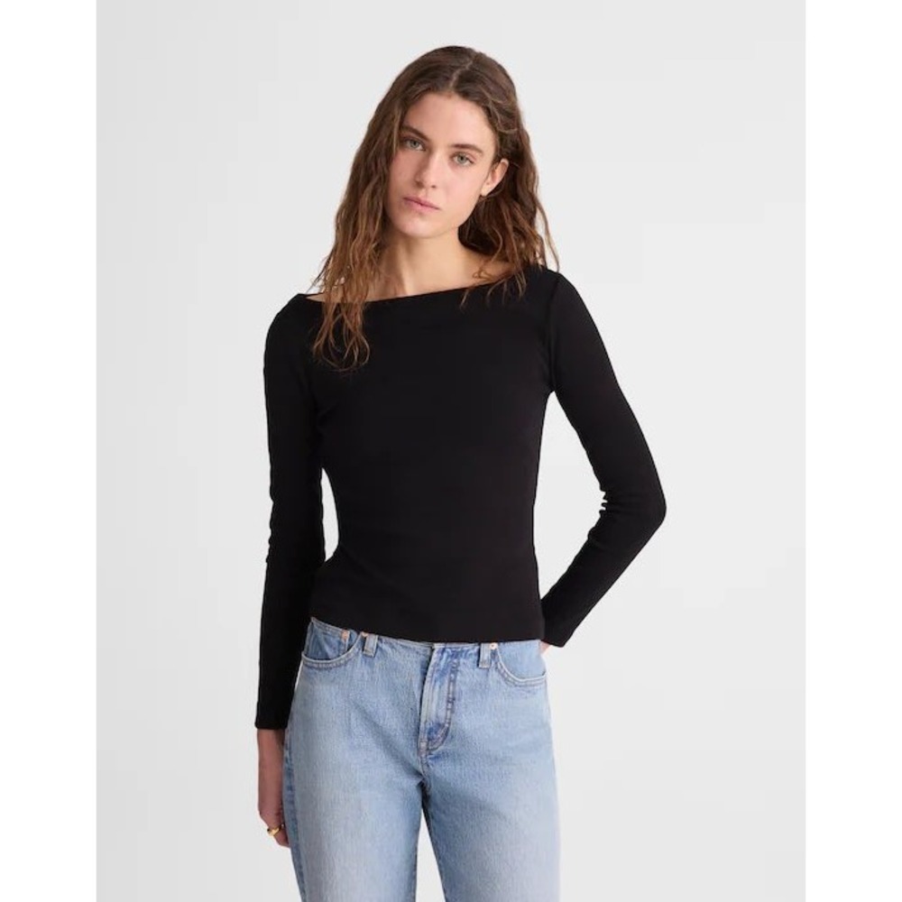 Madewell Womens The '90s Boatneck Tee in Compact Cotton Black NZ627 Small NEW